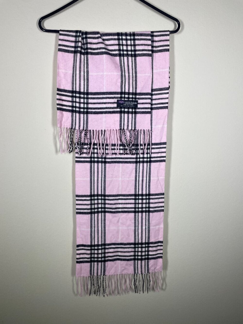 Made In Scotland 100% CASHMERE Scarf W/ Fringe Pink Plaid 12 x 66" Soft!